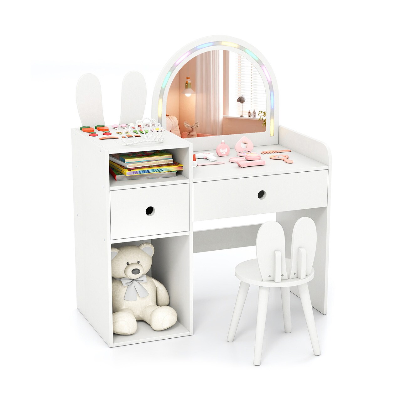Kids Vanity Table Set with Colorful LED Mirror & Bunny Chair Wooden Makeup Desk with Storage Drawers